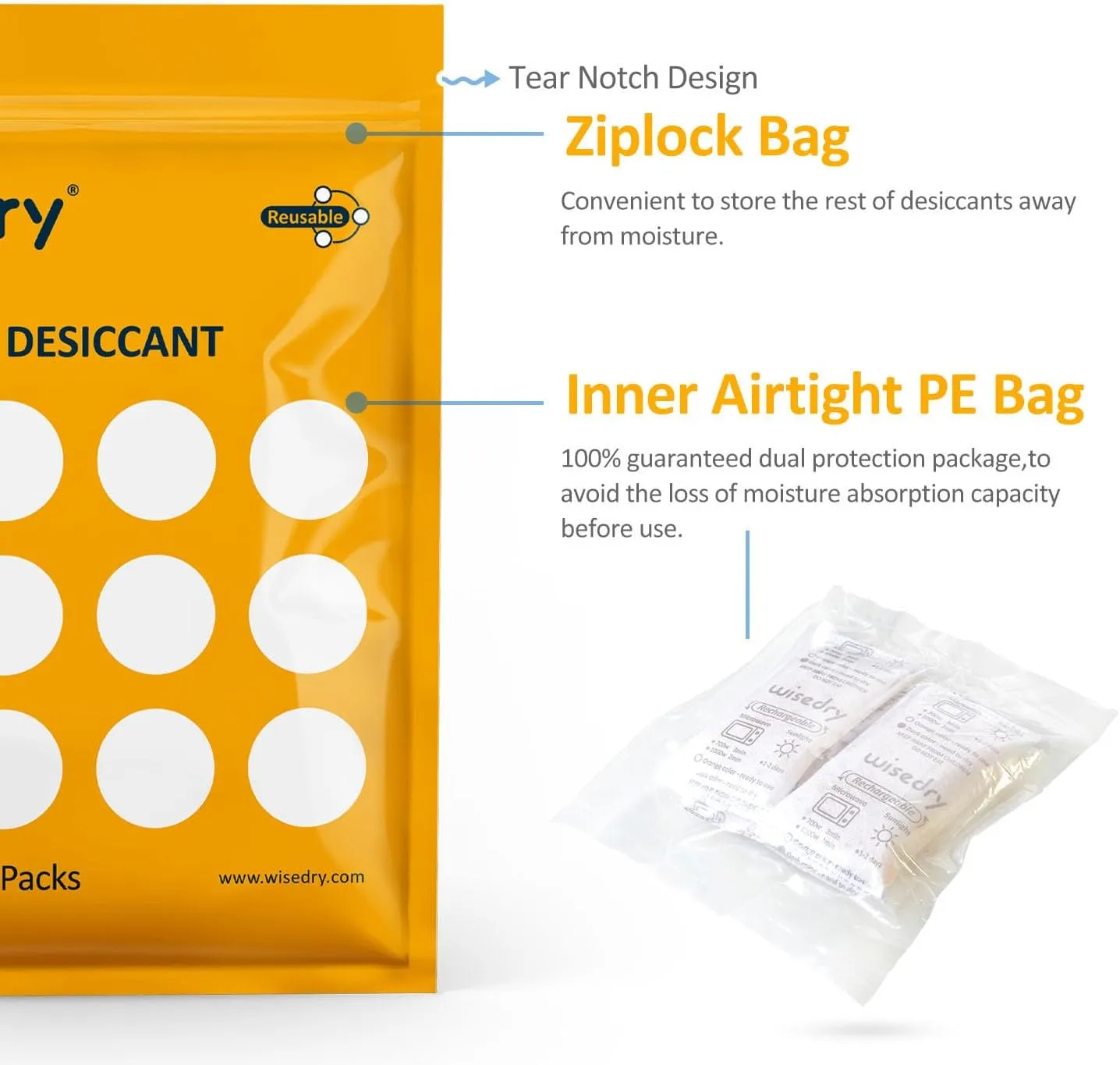 wisedry 50 Gram [6PACKS] Rechargeable Silica Gel Desiccant Packets Fast Reactivate Desiccant Bags Orange to Green indicating for Air Dryer Food Grade