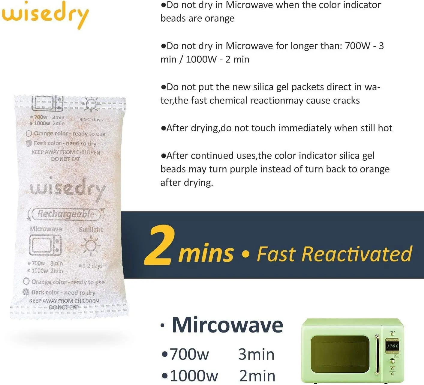 wisedry 50 Gram [6PACKS] Rechargeable Silica Gel Desiccant Packets Fast Reactivate Desiccant Bags Orange to Green indicating for Air Dryer Food Grade