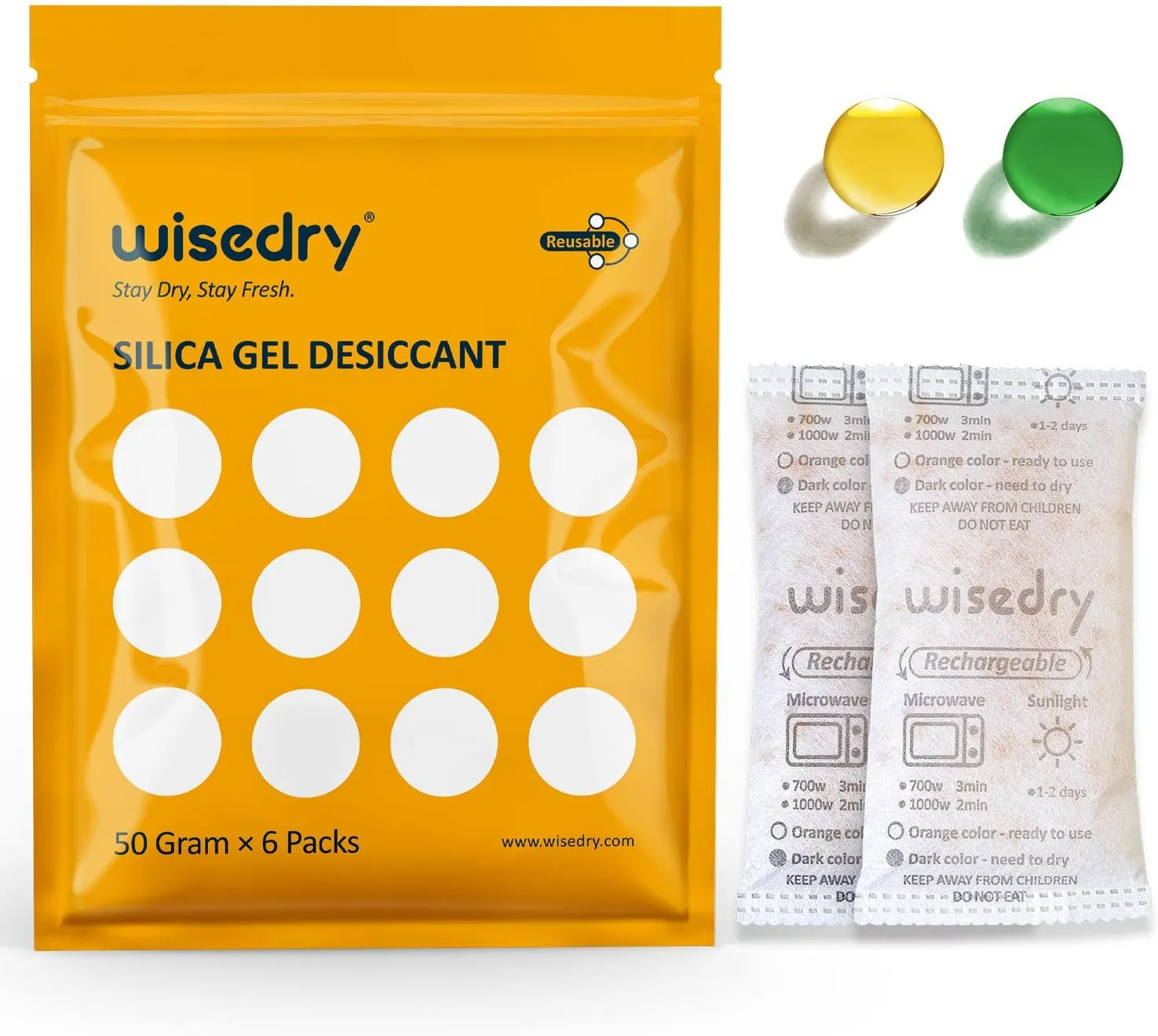 wisedry 50 Gram [6PACKS] Rechargeable Silica Gel Desiccant Packets Fast Reactivate Desiccant Bags Orange to Green indicating for Air Dryer Food Grade