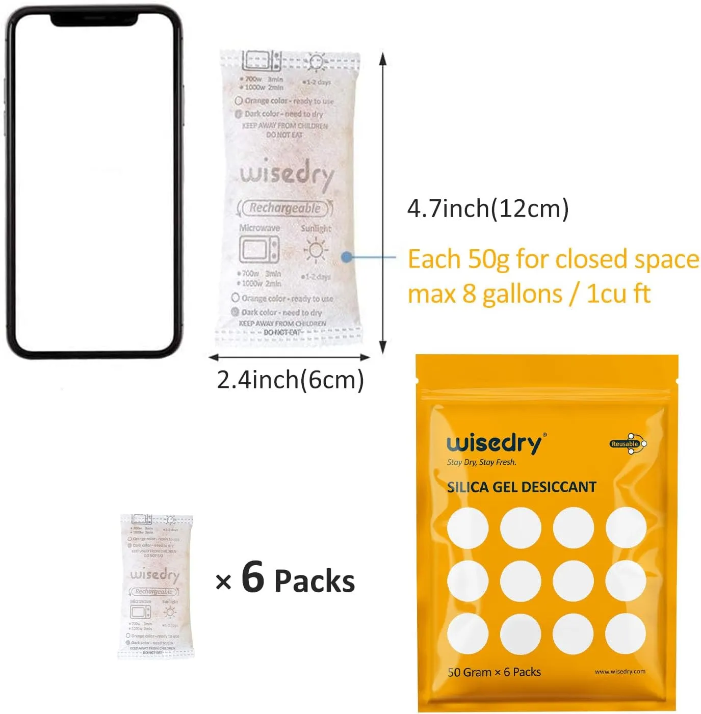 wisedry 50 Gram [6PACKS] Rechargeable Silica Gel Desiccant Packets Fast Reactivate Desiccant Bags Orange to Green indicating for Air Dryer Food Grade