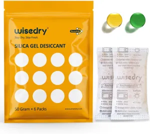 wisedry 50 Gram [6PACKS] Rechargeable Silica Gel Desiccant Packets Fast Reactivate Desiccant Bags Orange to Green indicating for Air Dryer Food Grade