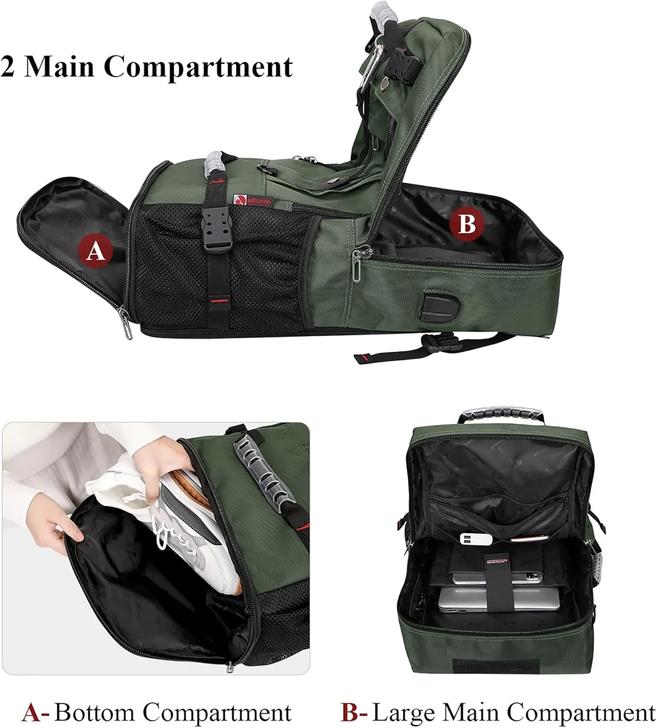 WITZMAN Travel Backpack for Men Convertible Duffle Luggage Bag fit 17 Inch Laptop Carry On Bags for Airplane (B681 Army Green)