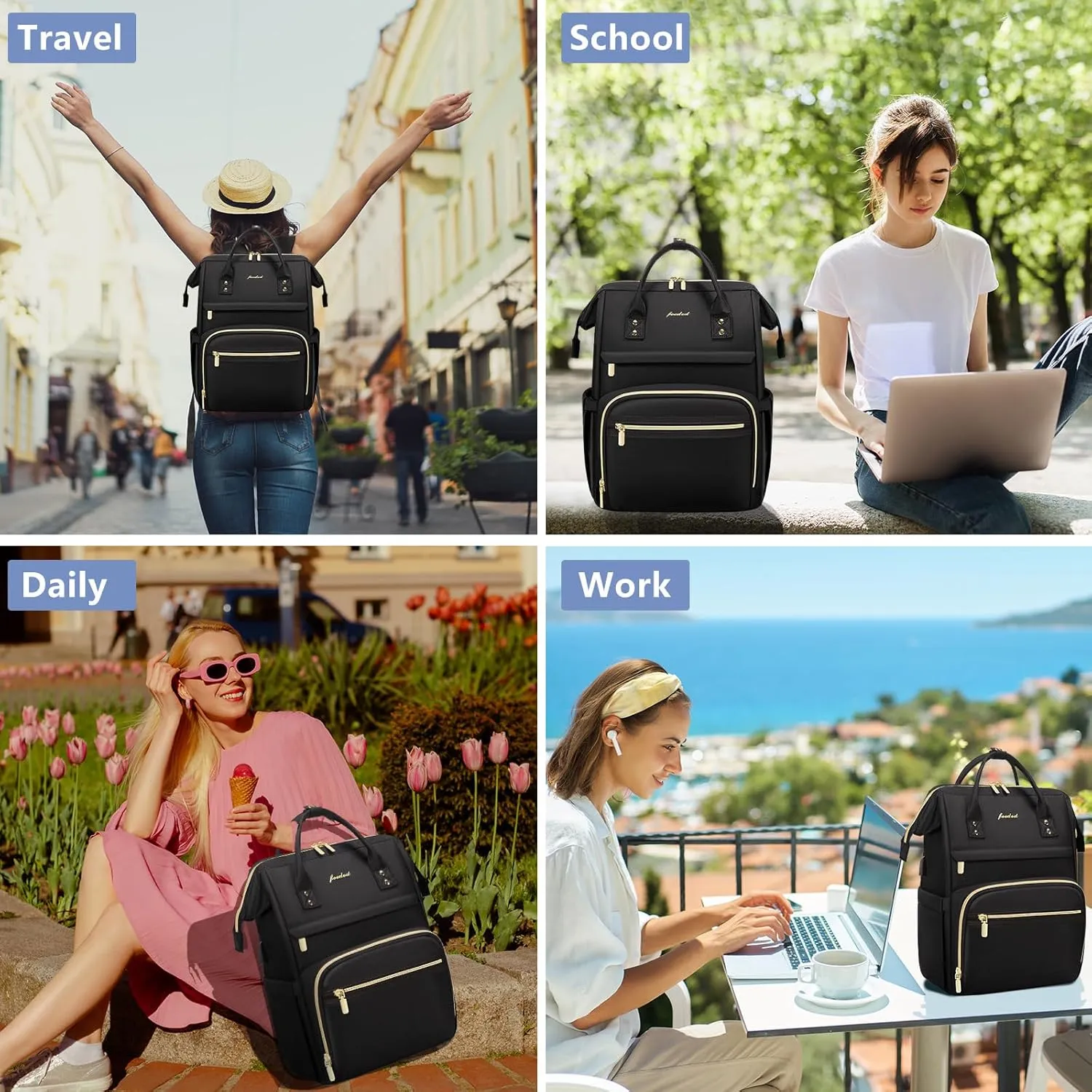 Women Laptop Backpack Teacher Bags: 17.3 Inch Nurse Computer Backpack with USB Port Work Bag Stylish Travel Daypack Bookbag Waterproof for Business Woman Gifts BLACK