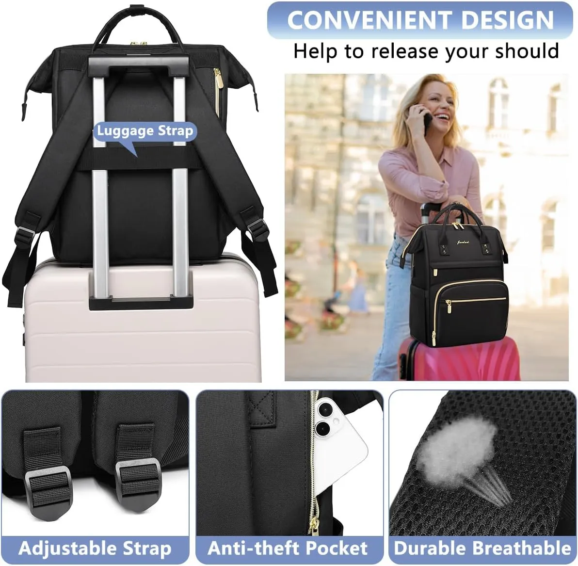 Women Laptop Backpack Teacher Bags: 17.3 Inch Nurse Computer Backpack with USB Port Work Bag Stylish Travel Daypack Bookbag Waterproof for Business Woman Gifts BLACK