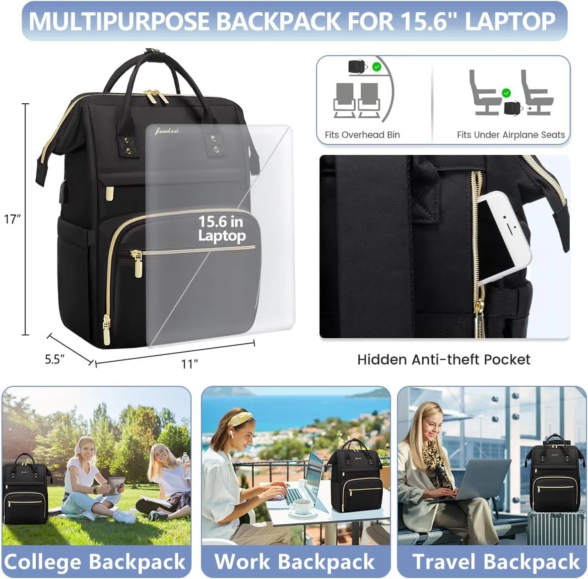 Women Laptop Backpack Teacher Bags: 17.3 Inch Nurse Computer Backpack with USB Port Work Bag Stylish Travel Daypack Bookbag Waterproof for Business Woman Gifts BLACK
