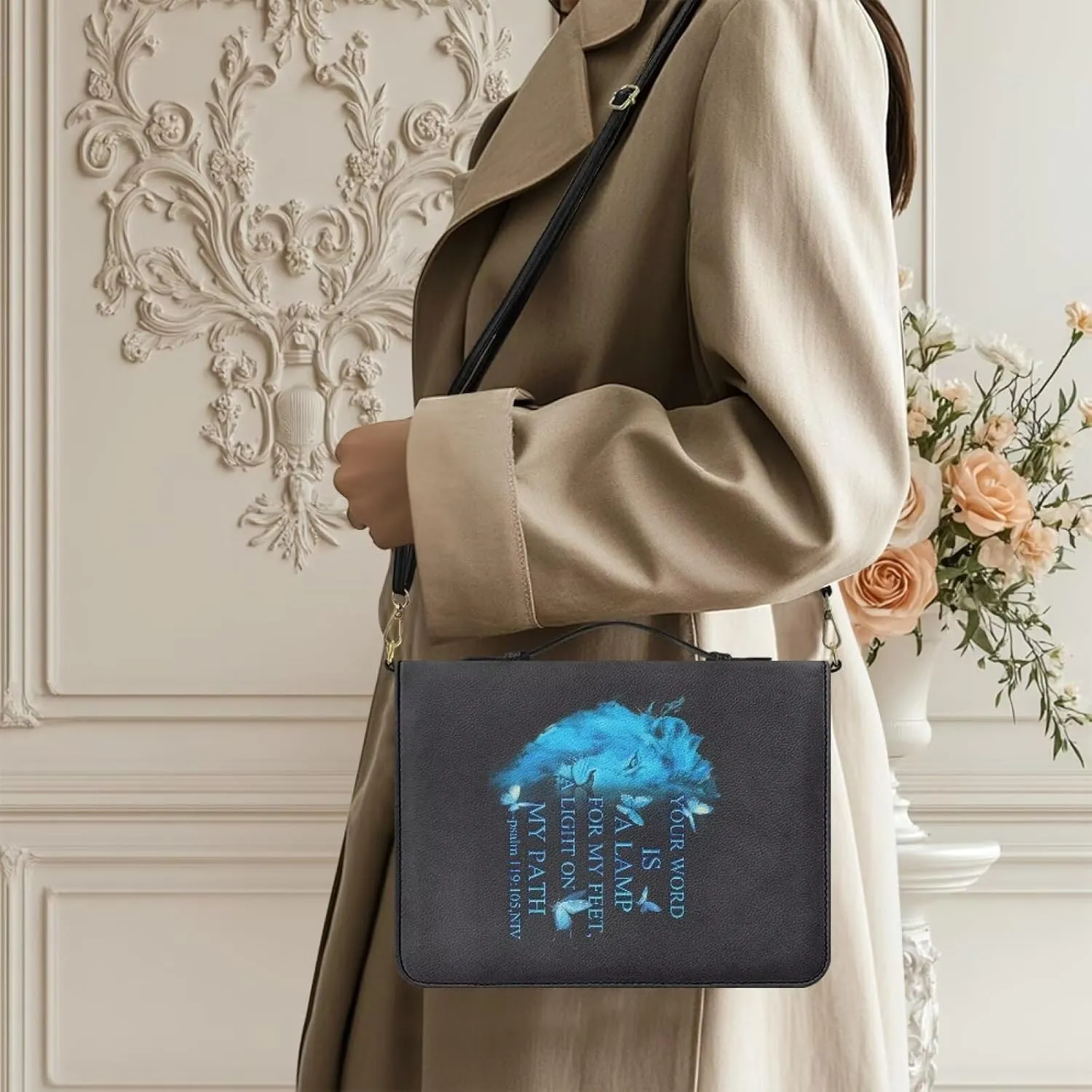 Women Men Bible Cover with Adjustable Strap Shoulder Strap Bag Bible Carrying Case for Church Services