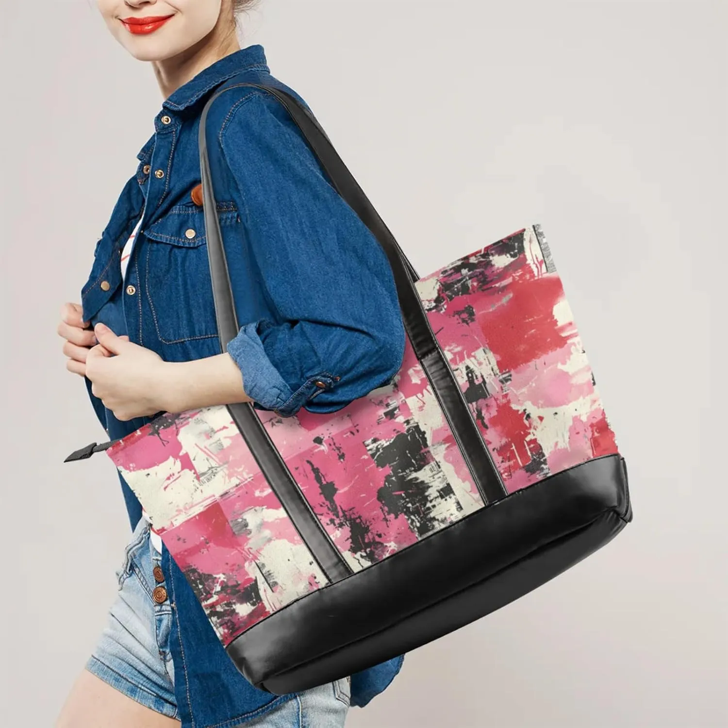 Women Tote Bag with Zipper, Shopper Handbag Travel Purse, PU Leather Laptop Tote Bags, Weekender Tote Bags