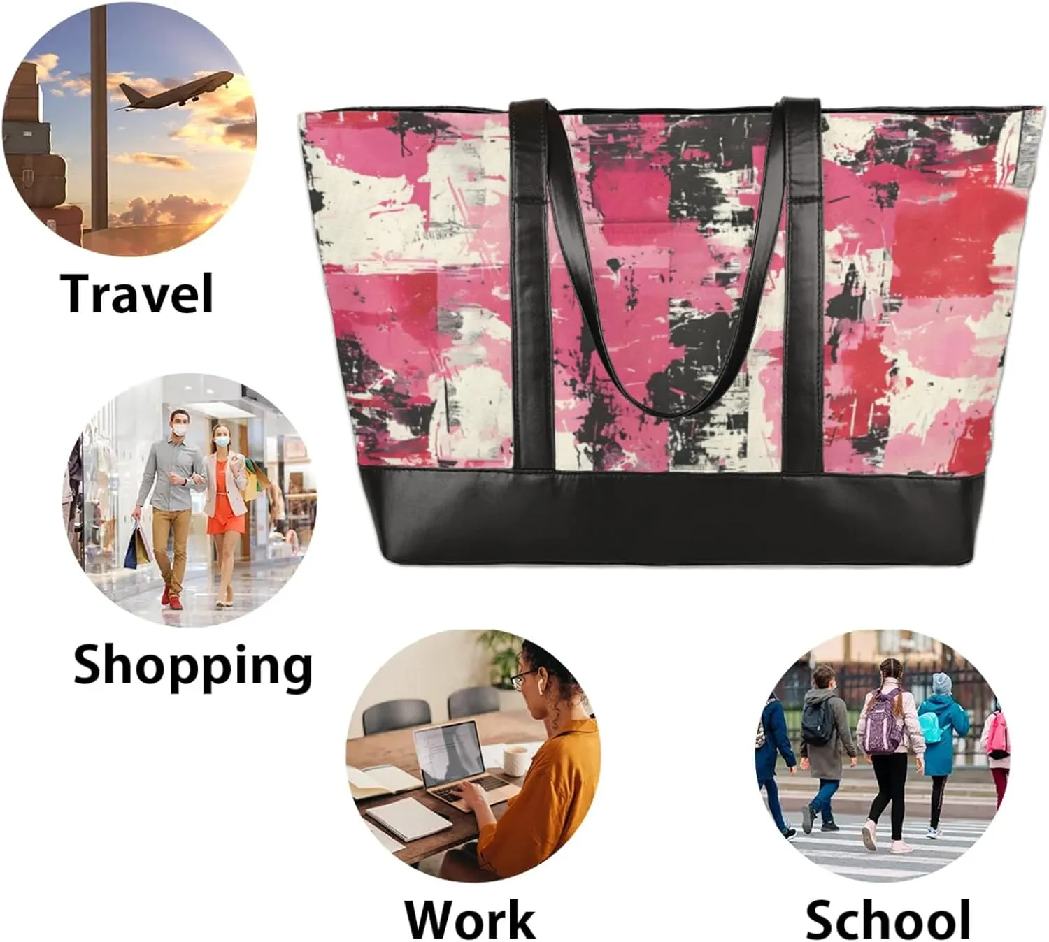 Women Tote Bag with Zipper, Shopper Handbag Travel Purse, PU Leather Laptop Tote Bags, Weekender Tote Bags