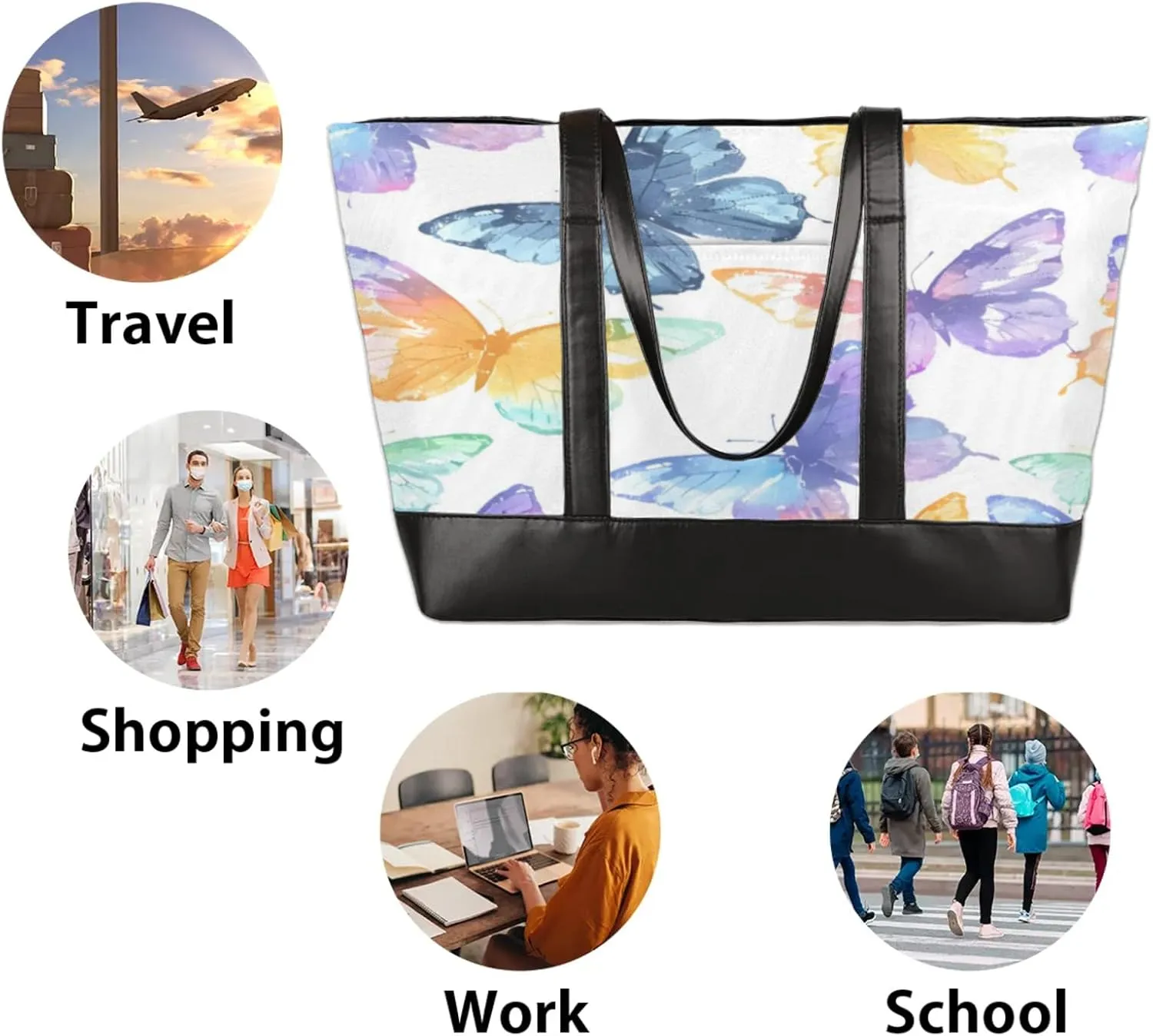 Women Tote Bag with Zipper, Shopper Handbag Travel Purse, PU Leather Laptop Tote Bags, Weekender Tote Bags