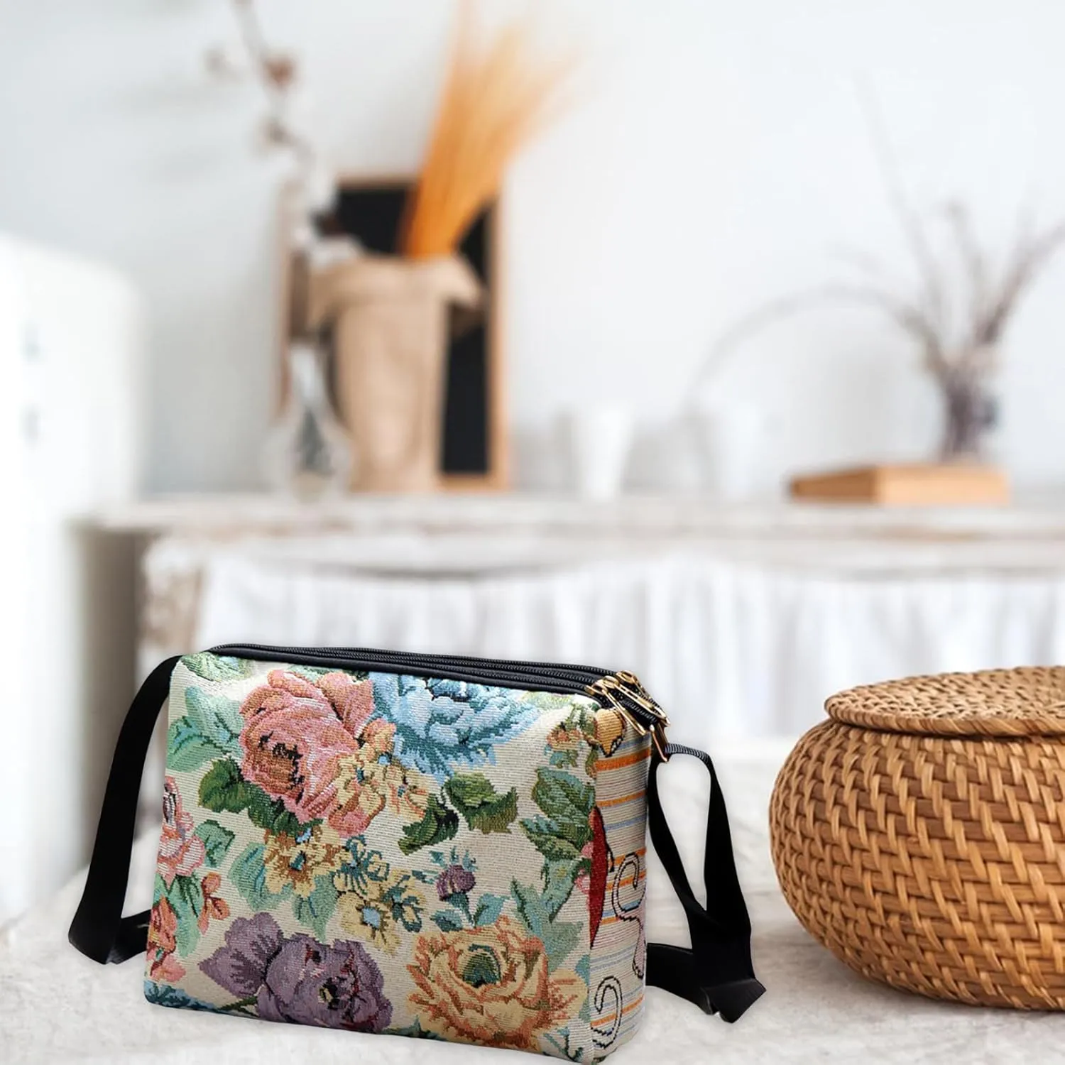 Women Vintage Crossbody Bag Lightweight Butterfly/Floral Embroidery Shoulder Bag Handbag for Beach Vacation Travel