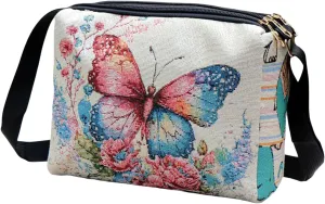 Women Vintage Crossbody Bag Lightweight Butterfly/Floral Embroidery Shoulder Bag Handbag for Beach Vacation Travel