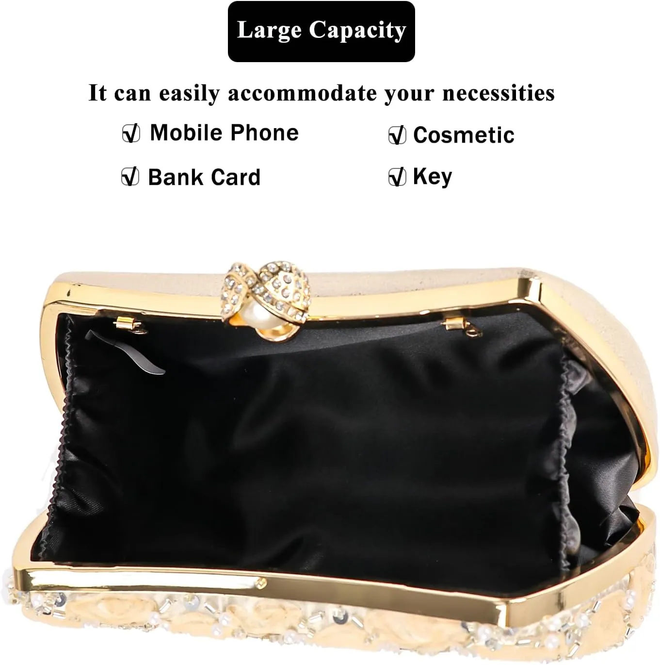 Womens 3D Rose Floral Clutch with Rhinestone Chain, Evening Handbag Purse Shoulder Crossbody Bag for Wedding Party Prom
