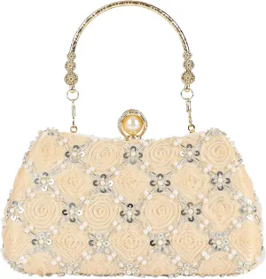 Womens 3D Rose Floral Clutch with Rhinestone Chain, Evening Handbag Purse Shoulder Crossbody Bag for Wedding Party Prom