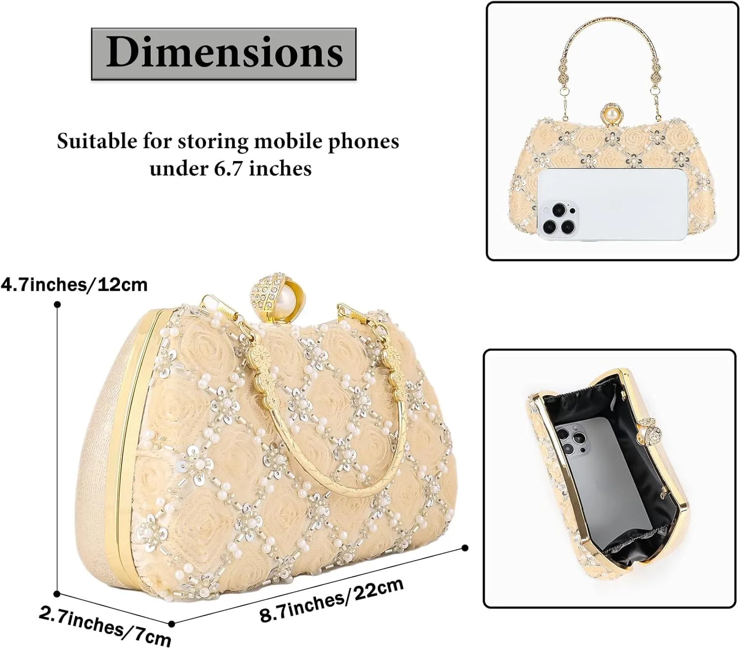 Womens 3D Rose Floral Clutch with Rhinestone Chain, Evening Handbag Purse Shoulder Crossbody Bag for Wedding Party Prom