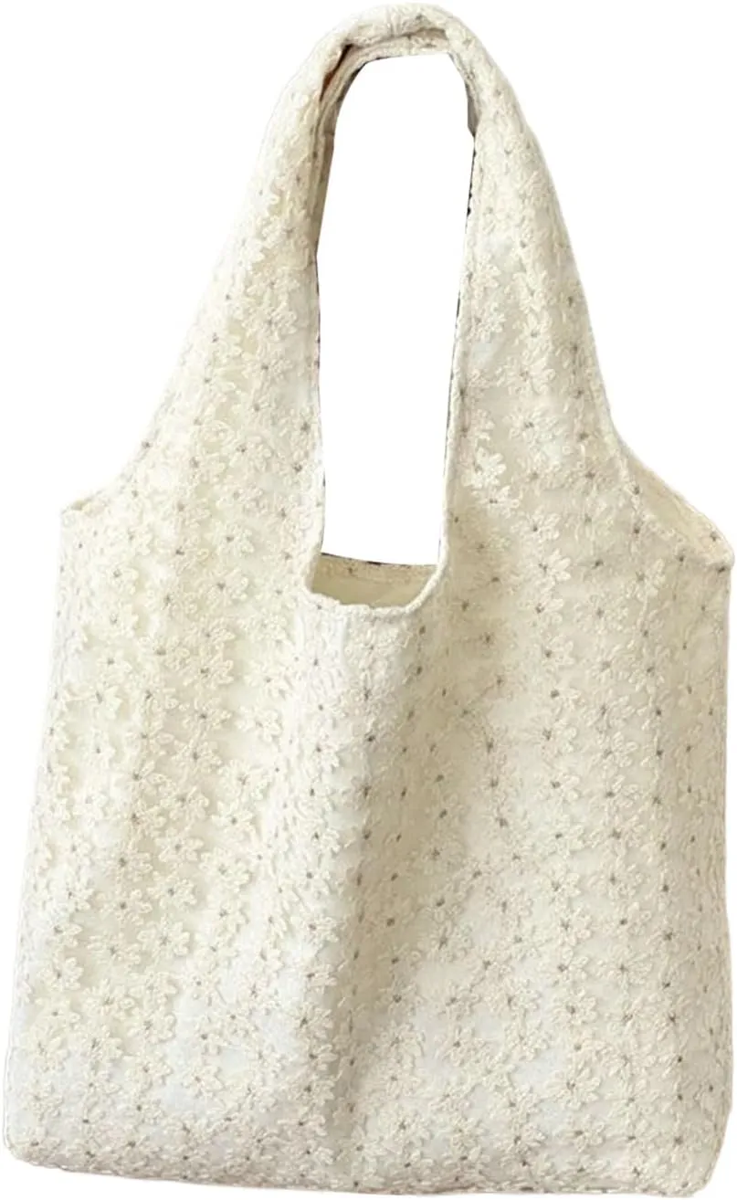 Women's Floral Embroidery Tote Bag Canvas Shoulder Purse with Inner Pocket, Cute Flower Tote Handbag