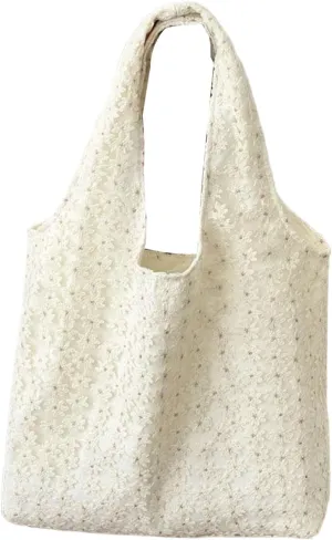 Women's Floral Embroidery Tote Bag Canvas Shoulder Purse with Inner Pocket, Cute Flower Tote Handbag