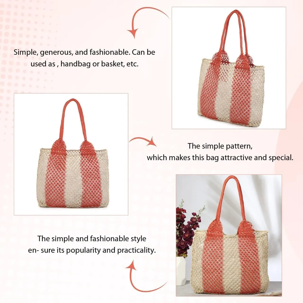 Women's Handmade Cotton Tote Bag – Bohemian Shoulder Bag, Spacious Hand-Crochet Vintage Knitted Shopping Bag