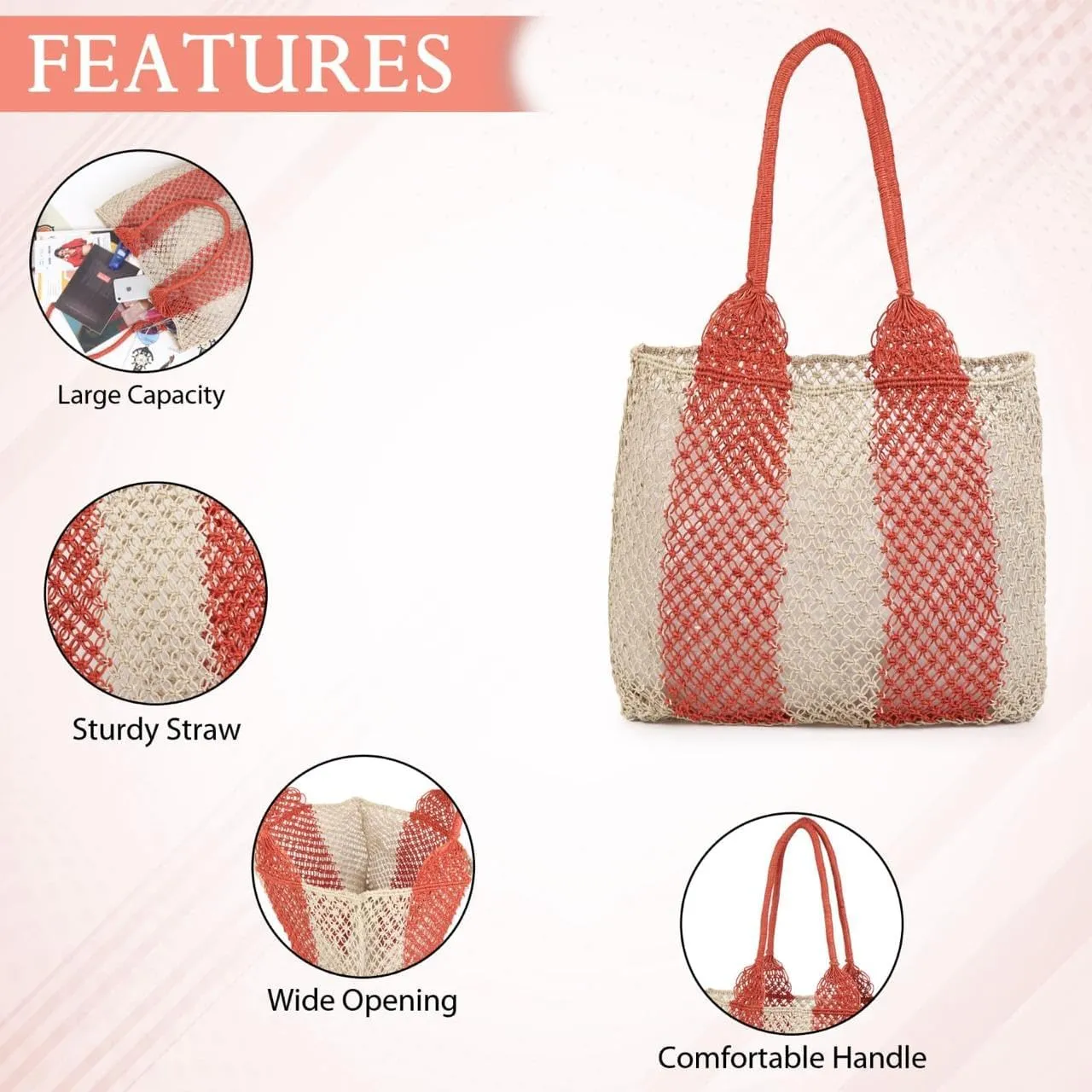 Women's Handmade Cotton Tote Bag – Bohemian Shoulder Bag, Spacious Hand-Crochet Vintage Knitted Shopping Bag