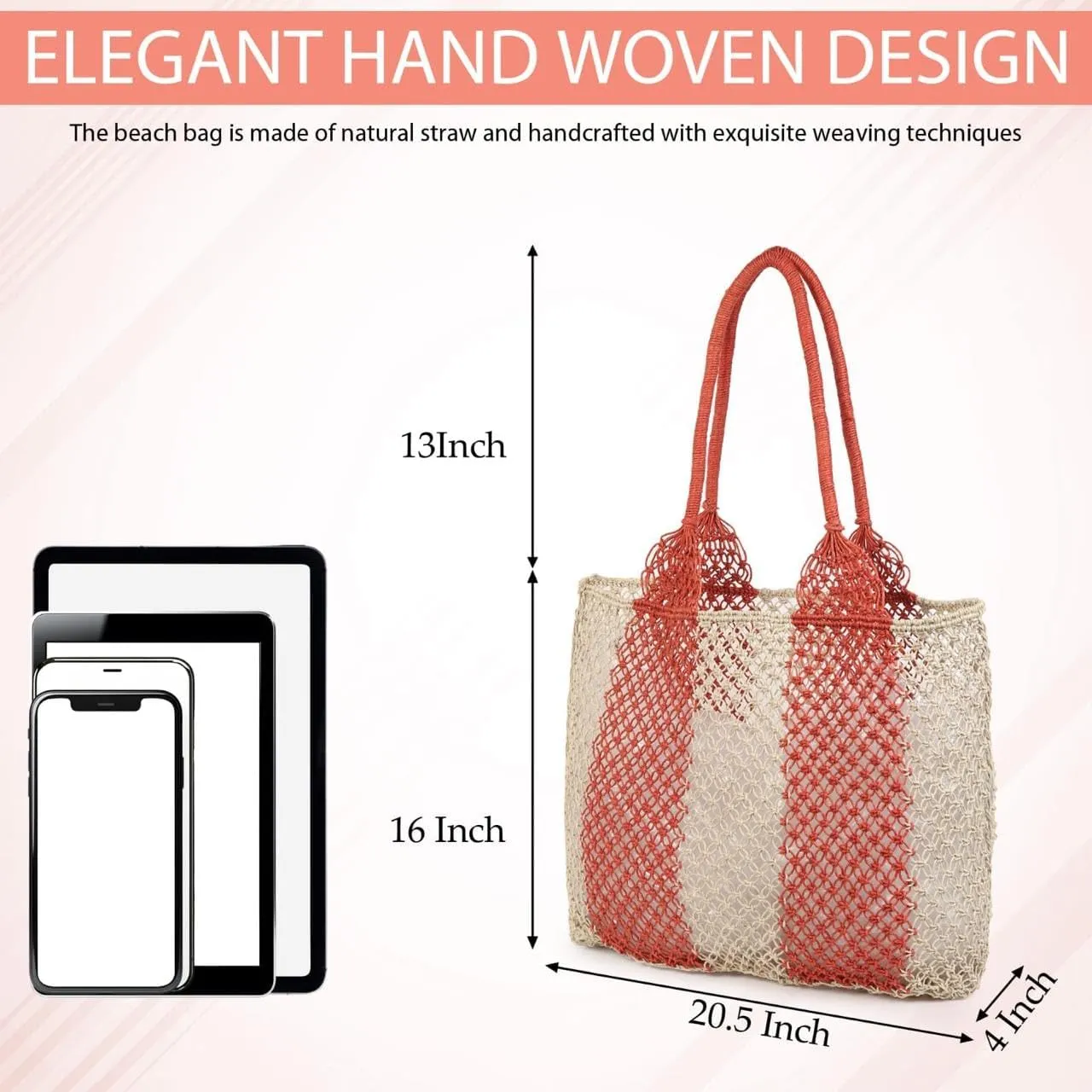 Women's Handmade Cotton Tote Bag – Bohemian Shoulder Bag, Spacious Hand-Crochet Vintage Knitted Shopping Bag