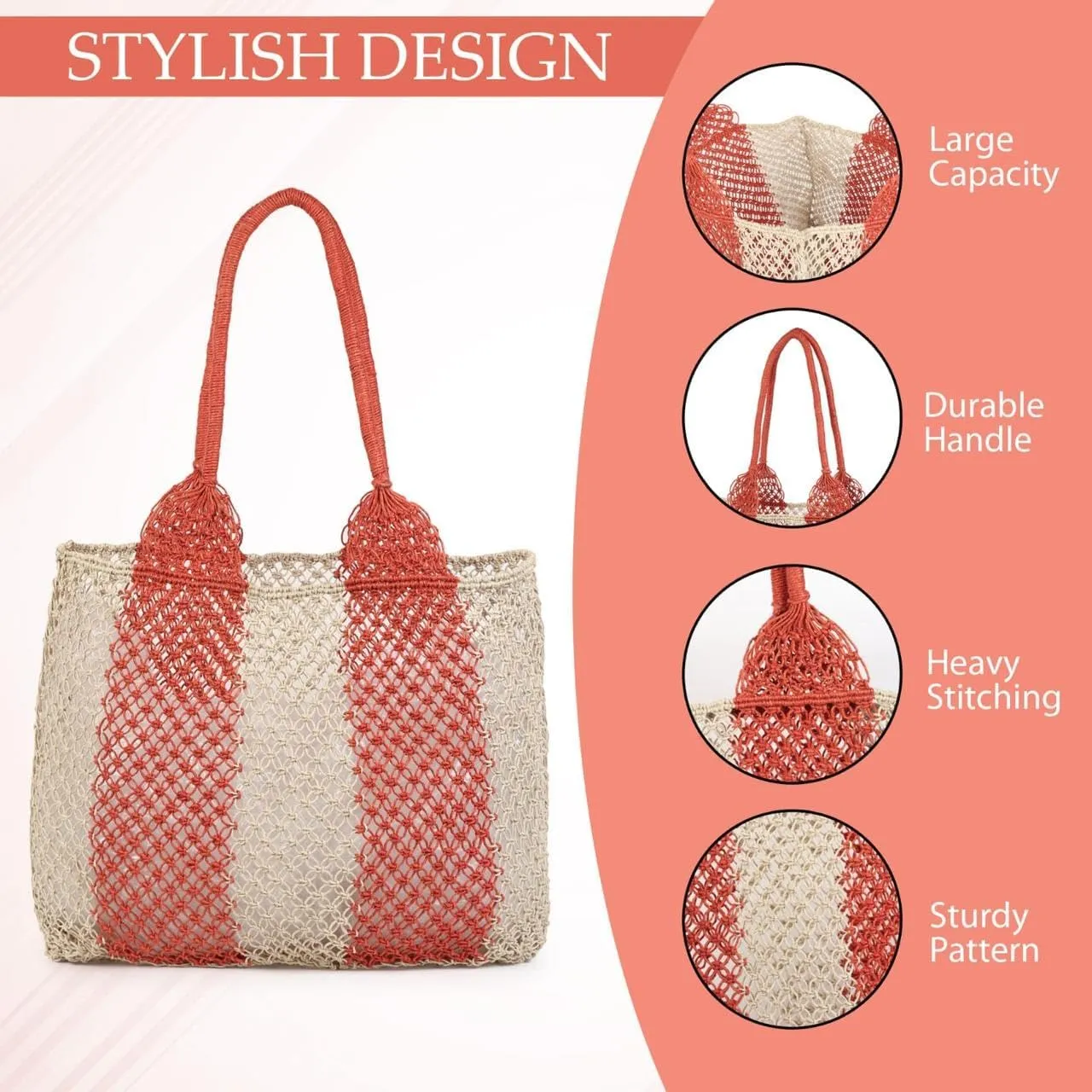 Women's Handmade Cotton Tote Bag – Bohemian Shoulder Bag, Spacious Hand-Crochet Vintage Knitted Shopping Bag