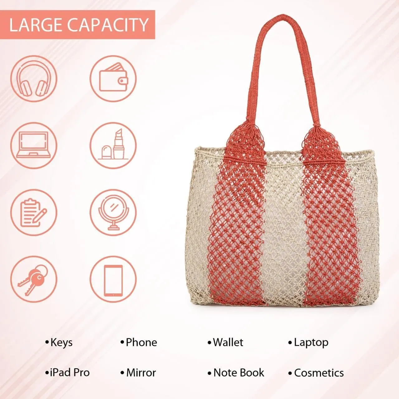 Women's Handmade Cotton Tote Bag – Bohemian Shoulder Bag, Spacious Hand-Crochet Vintage Knitted Shopping Bag
