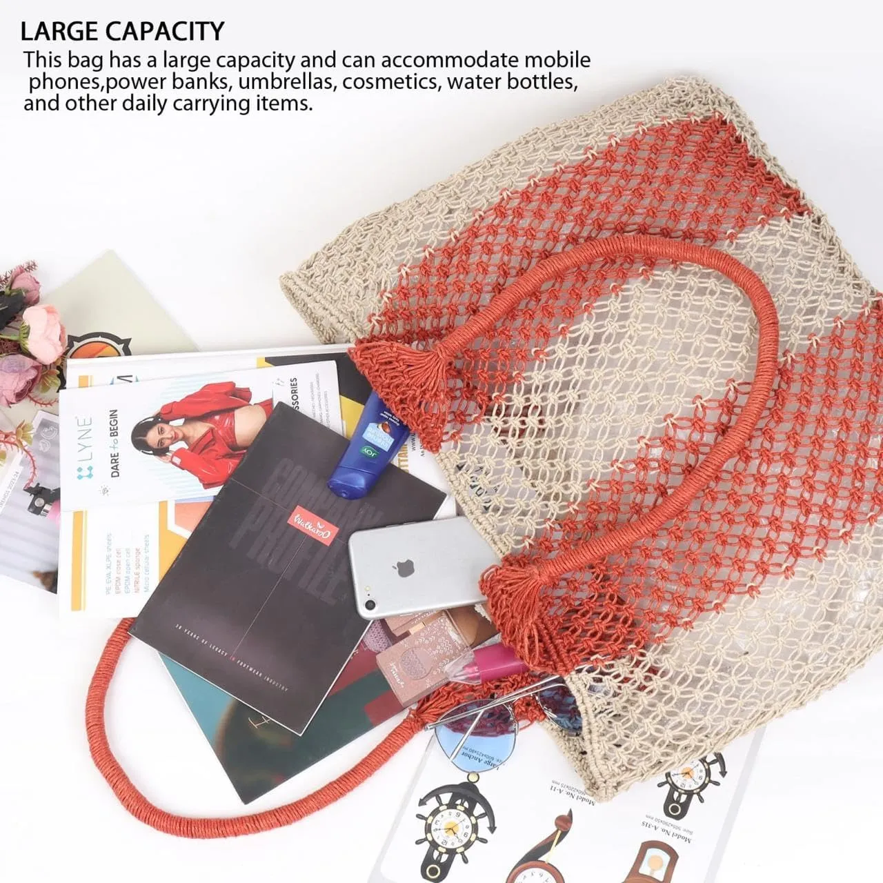 Women's Handmade Cotton Tote Bag – Bohemian Shoulder Bag, Spacious Hand-Crochet Vintage Knitted Shopping Bag