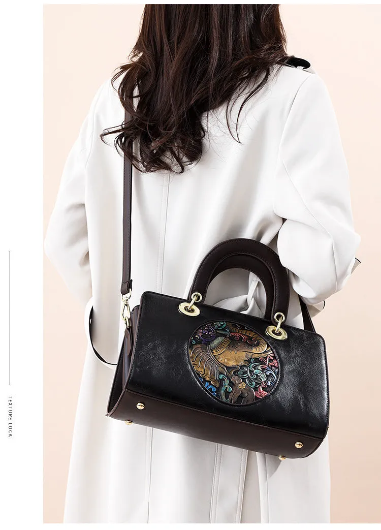 Women's Retro Leather Crossbody Bag - Carved and Embossed Hand Bag