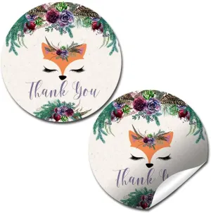 Woodland Forest Fox Face Floral Themed Thank You Sticker Labels for Kids, 40 2" Party Circle Stickers by AmandaCreation, Great for Party Favors, Envelope Seals & Goodie Bags