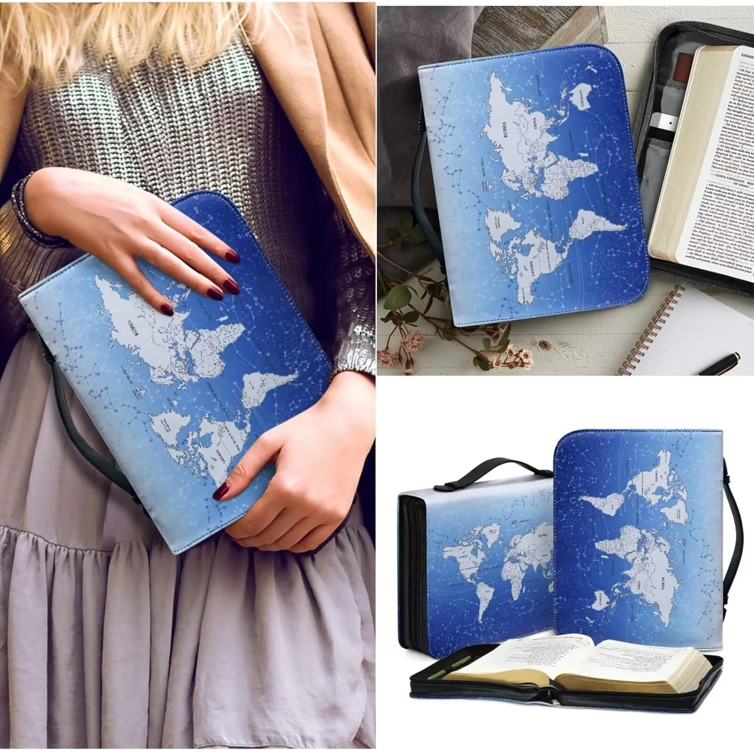World Map Design Bible Cover Bible Case for Women PU Bible Bag with Bookmark Carrying Handle Bible Bag Set Book Cover