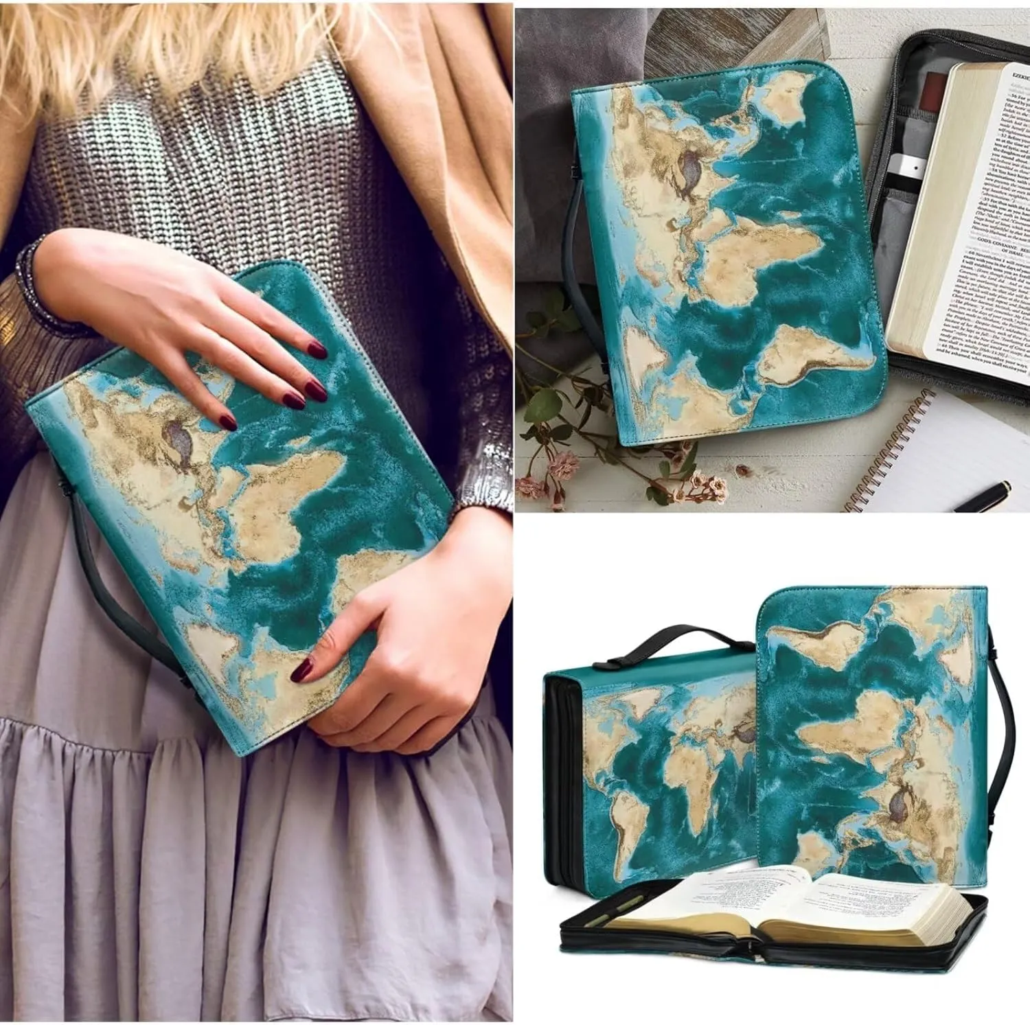 World Map Design Bible Cover Bible Case for Women PU Bible Bag with Bookmark Carrying Handle Bible Bag Set Book Cover