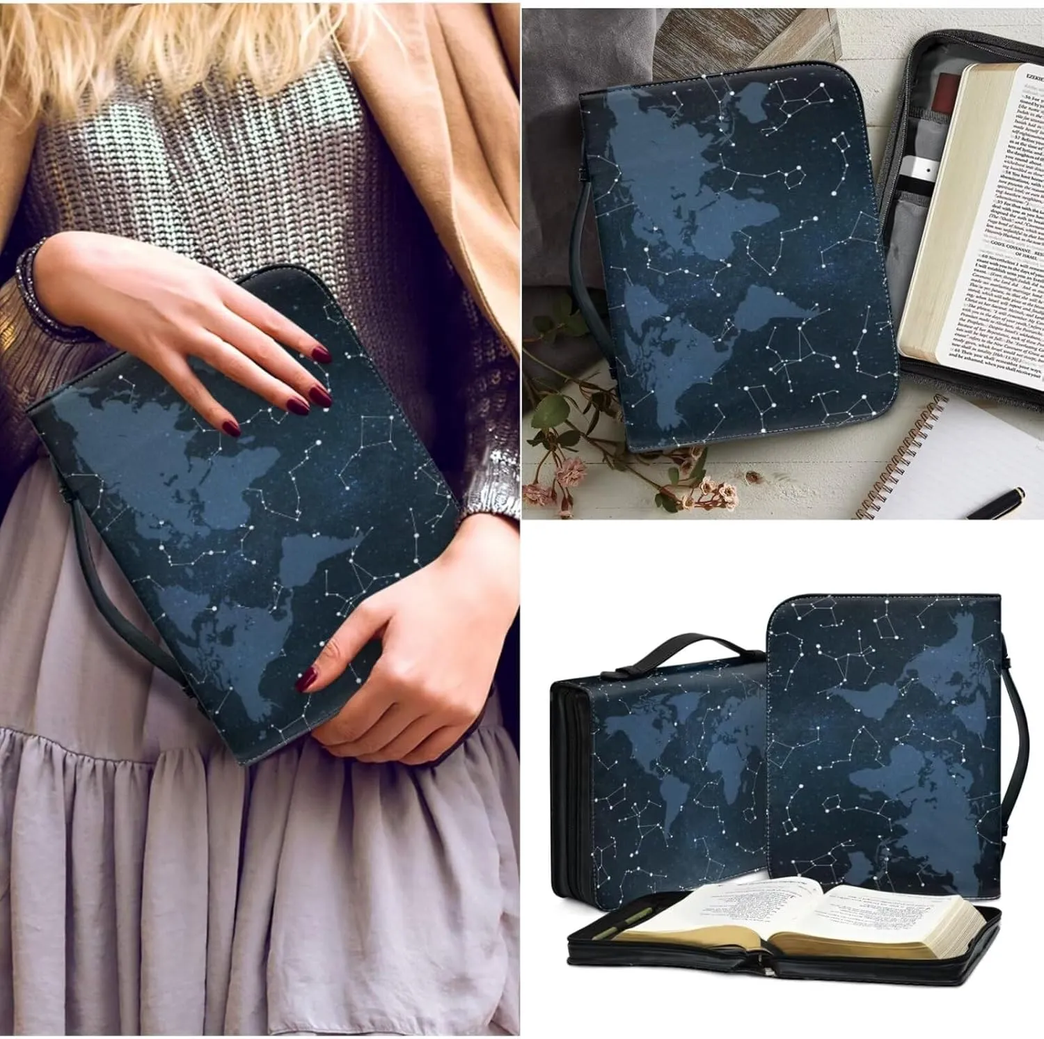 World Map Design Bible Cover Bible Case for Women PU Bible Bag with Bookmark Carrying Handle Bible Bag Set Book Cover