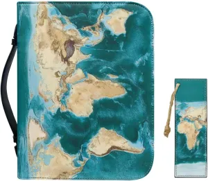 World Map Design Bible Cover Bible Case for Women PU Bible Bag with Bookmark Carrying Handle Bible Bag Set Book Cover
