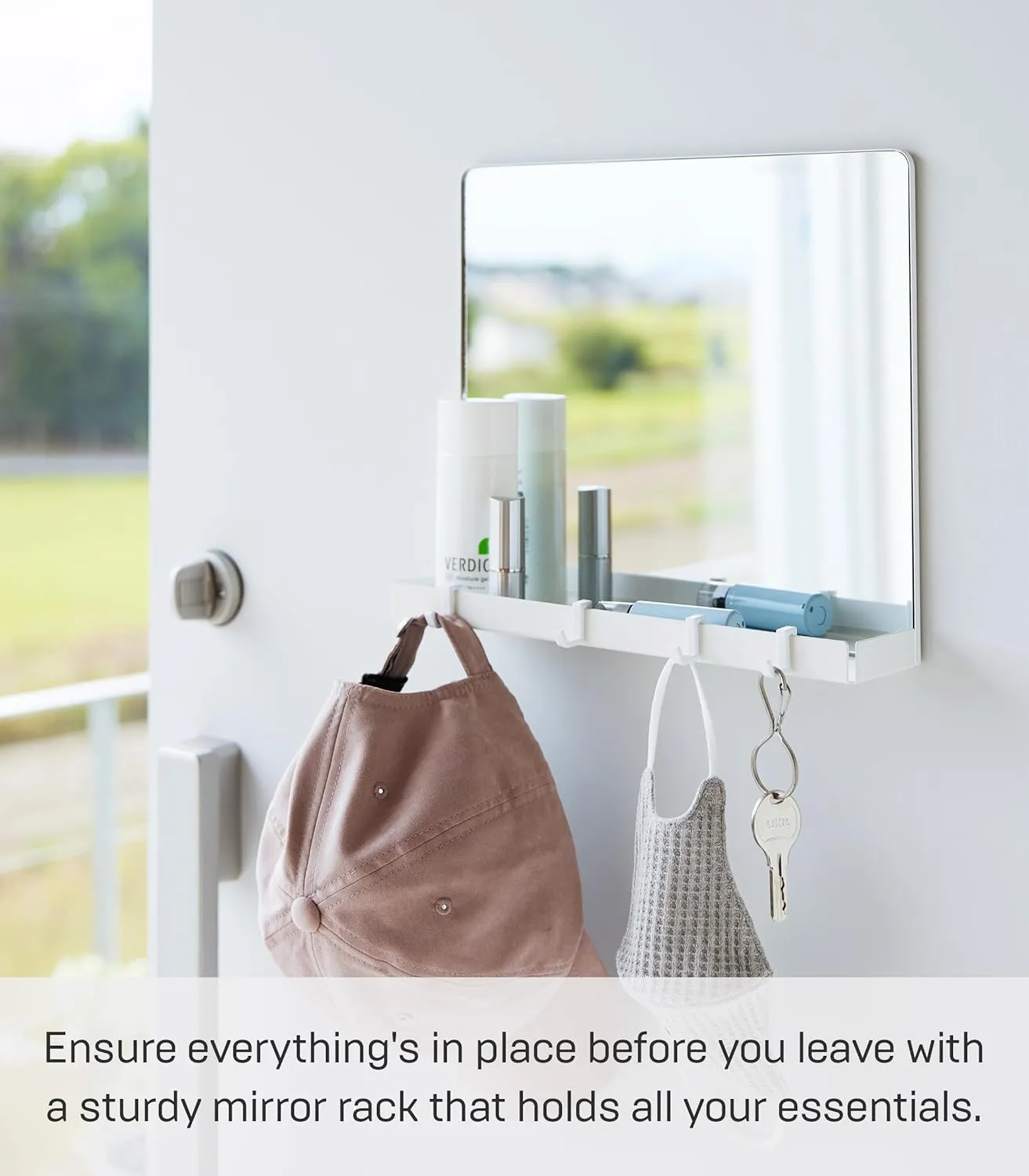Yamazaki Home Tower Magnetic Mirror & Entryway Storage Rack for Steel Front Doors Or Refrigerators with Tray & Hooks for Keys Or Bags - Glass -
