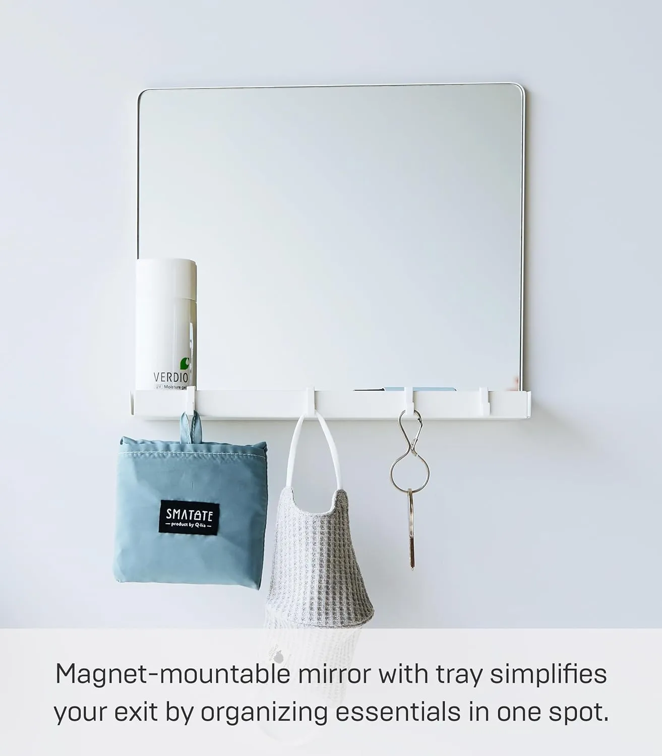 Yamazaki Home Tower Magnetic Mirror & Entryway Storage Rack for Steel Front Doors Or Refrigerators with Tray & Hooks for Keys Or Bags - Glass -