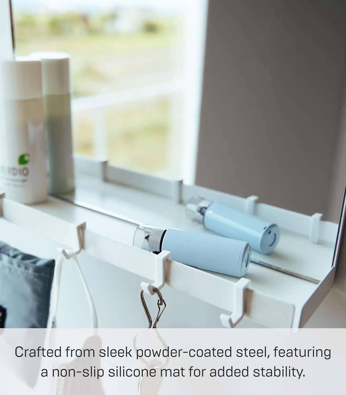 Yamazaki Home Tower Magnetic Mirror & Entryway Storage Rack for Steel Front Doors Or Refrigerators with Tray & Hooks for Keys Or Bags - Glass -