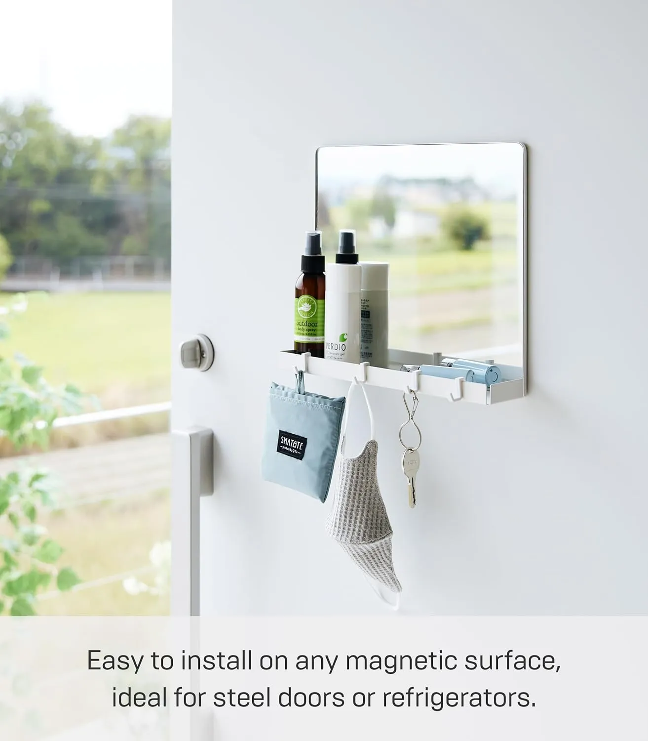 Yamazaki Home Tower Magnetic Mirror & Entryway Storage Rack for Steel Front Doors Or Refrigerators with Tray & Hooks for Keys Or Bags - Glass -