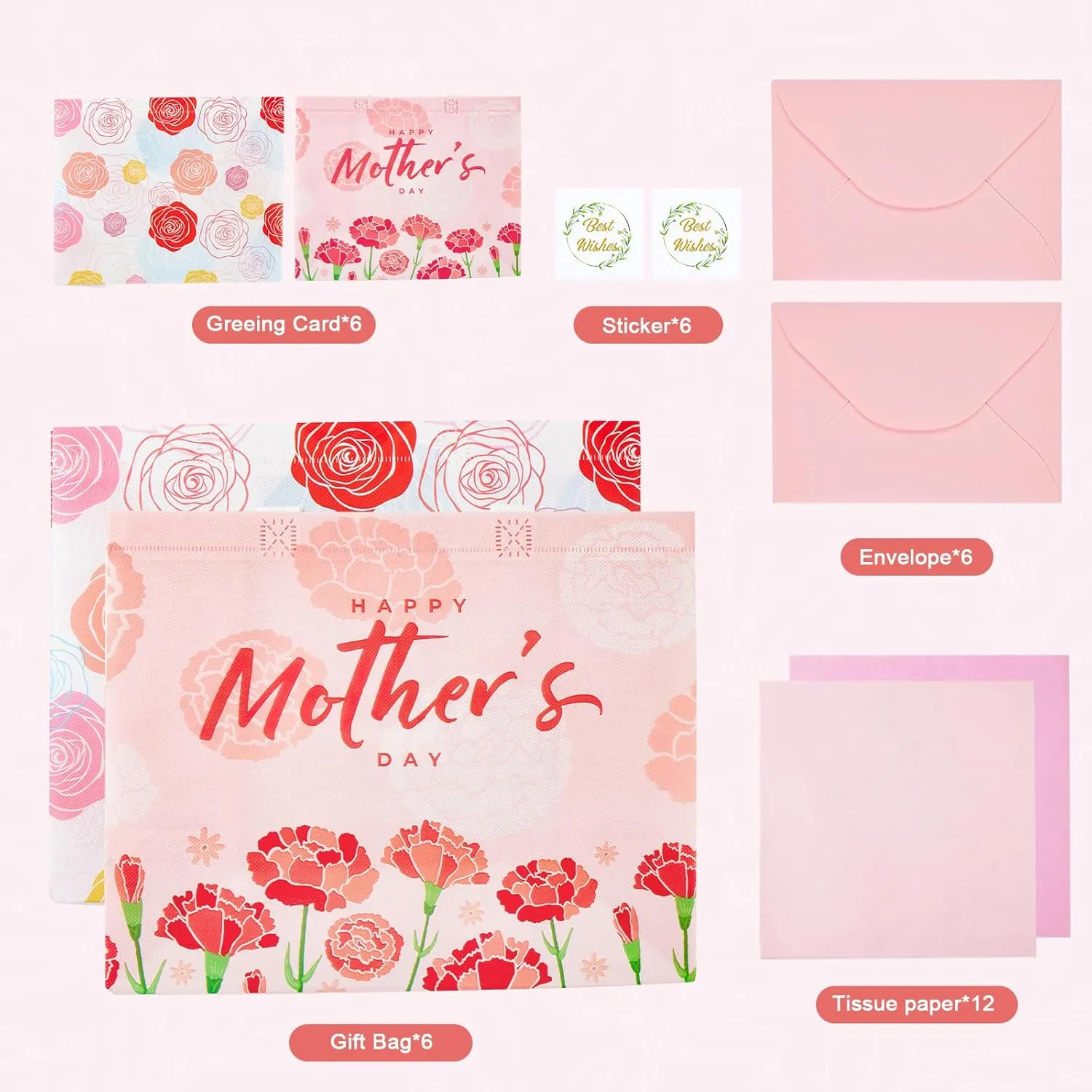 YANGTE 6 Pack 13" Large Mothers Day Gift Bags with Tissue Paper, Reusable Non-Woven Mothers Day Bag with Handle, Elegant Mothers Gift Wrap Bags for Presents, Floral Gift Bags with Cards for Woman, Mom