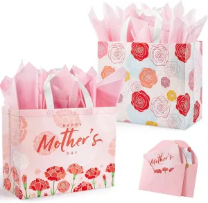 YANGTE 6 Pack 13" Large Mothers Day Gift Bags with Tissue Paper, Reusable Non-Woven Mothers Day Bag with Handle, Elegant Mothers Gift Wrap Bags for Presents, Floral Gift Bags with Cards for Woman, Mom