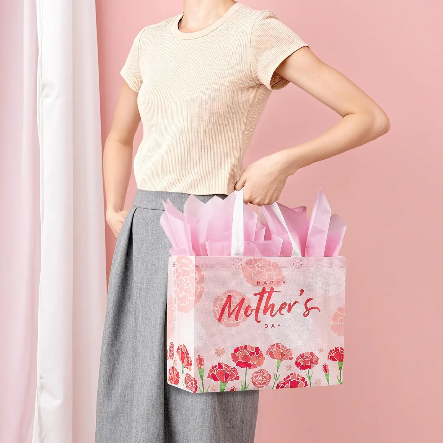 YANGTE 6 Pack 13" Large Mothers Day Gift Bags with Tissue Paper, Reusable Non-Woven Mothers Day Bag with Handle, Elegant Mothers Gift Wrap Bags for Presents, Floral Gift Bags with Cards for Woman, Mom