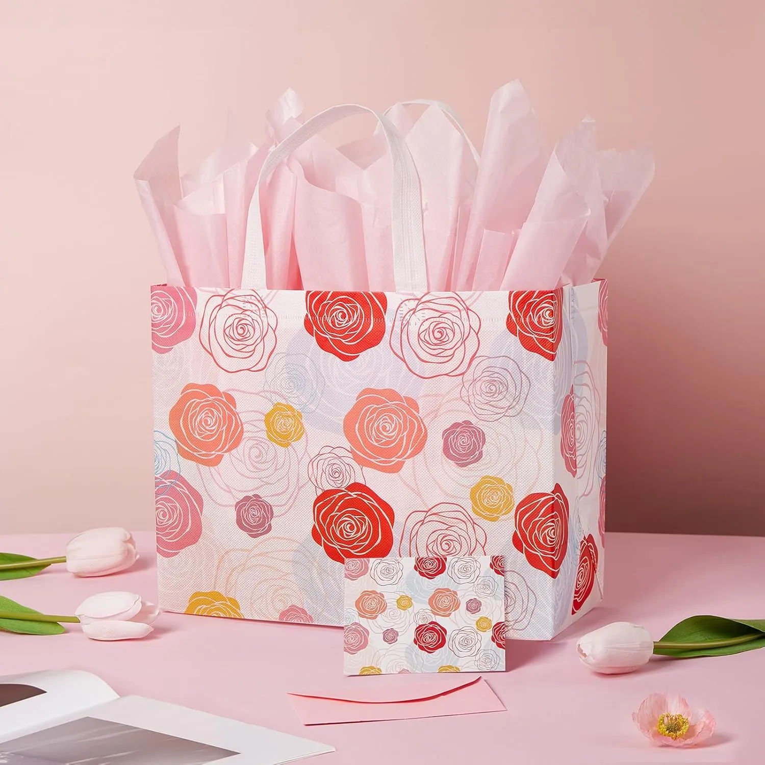 YANGTE 6 Pack 13" Large Mothers Day Gift Bags with Tissue Paper, Reusable Non-Woven Mothers Day Bag with Handle, Elegant Mothers Gift Wrap Bags for Presents, Floral Gift Bags with Cards for Woman, Mom