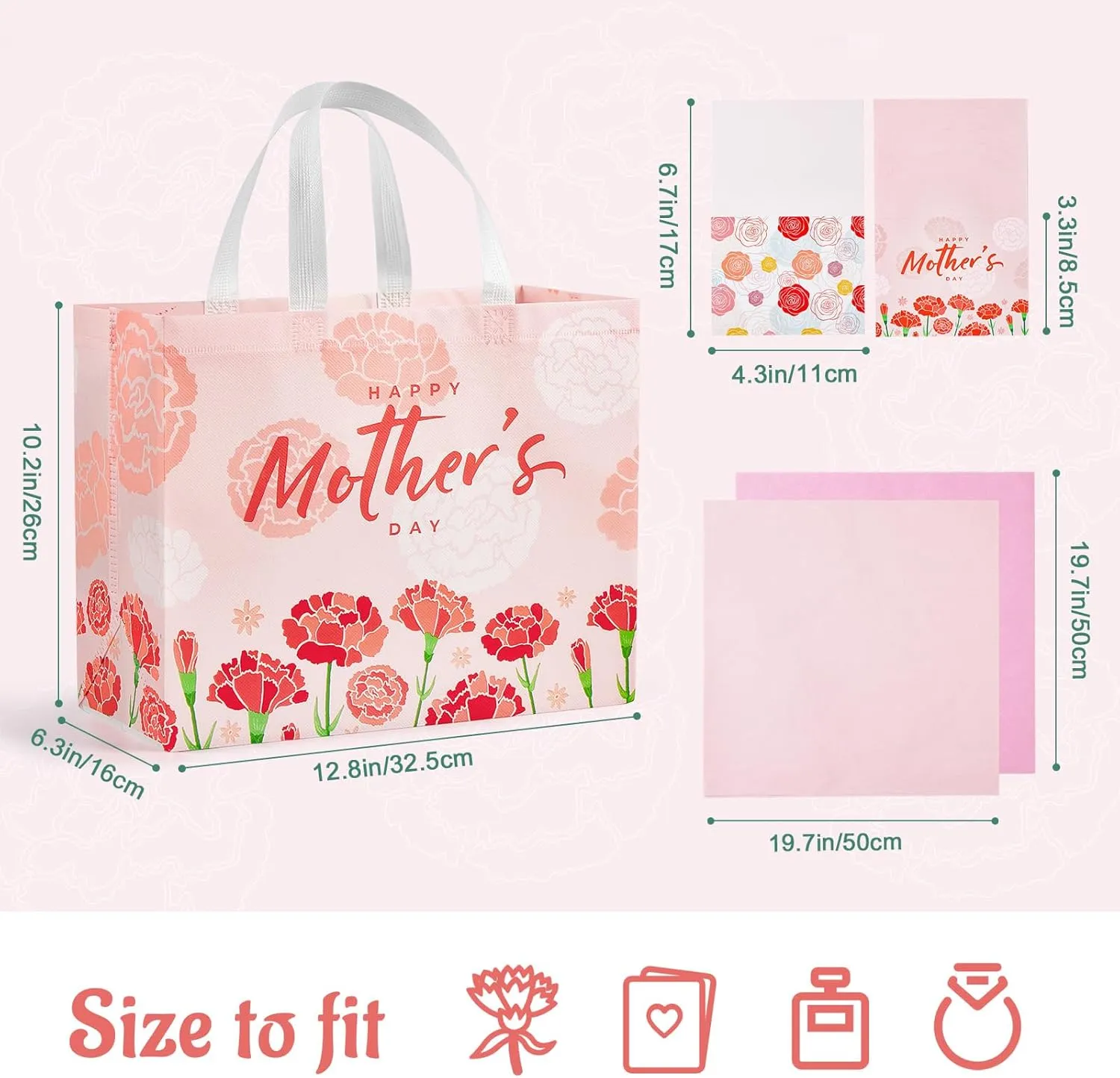 YANGTE 6 Pack 13" Large Mothers Day Gift Bags with Tissue Paper, Reusable Non-Woven Mothers Day Bag with Handle, Elegant Mothers Gift Wrap Bags for Presents, Floral Gift Bags with Cards for Woman, Mom