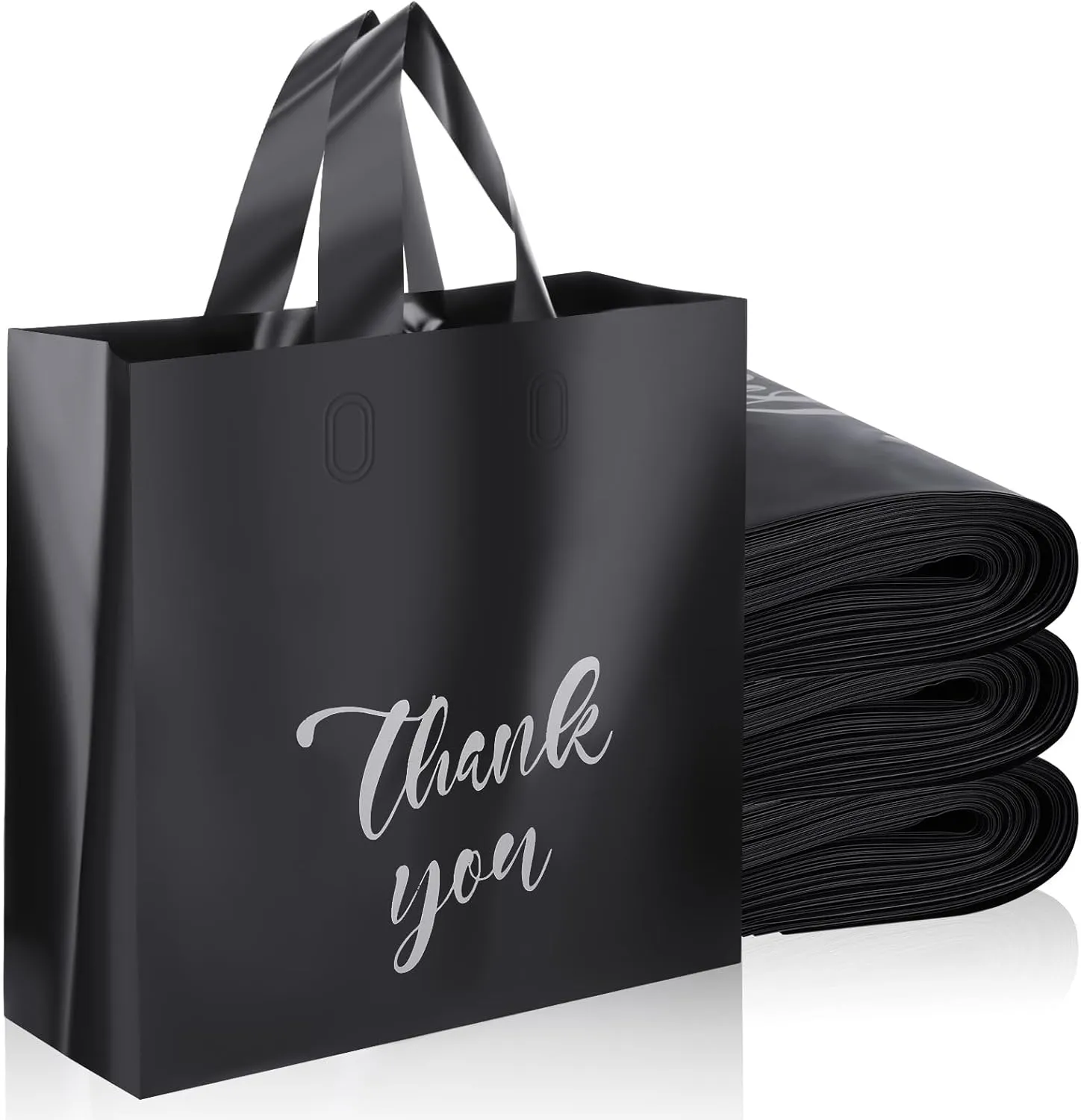 Yeaqee 100 Pcs Thank You Bags 8 x 10 Inches Extra Thick Shopping Bags with Handles Black Frosted Reusable for Boutique Merchandise Retail Small Business Parties Favors Goodies