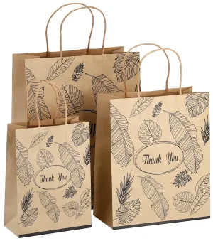Yesland Kraft Paper Bags - Thank You Bags with Handles - Brown with Black Leaves - 3 Sizes - 80 Pack