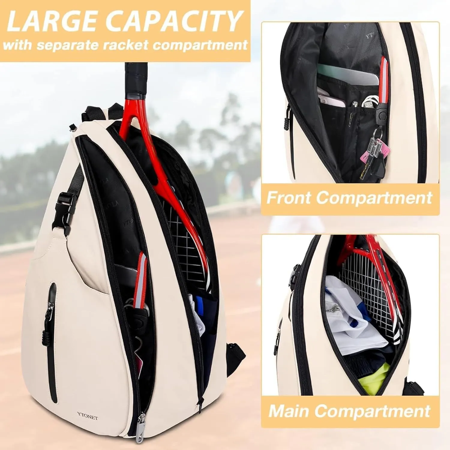 Ytonet Tennis Bag, Tennis Sling Backpack Crossbody Water Resistant for Men Women, Compatible for Pickleball Badminton Rackets