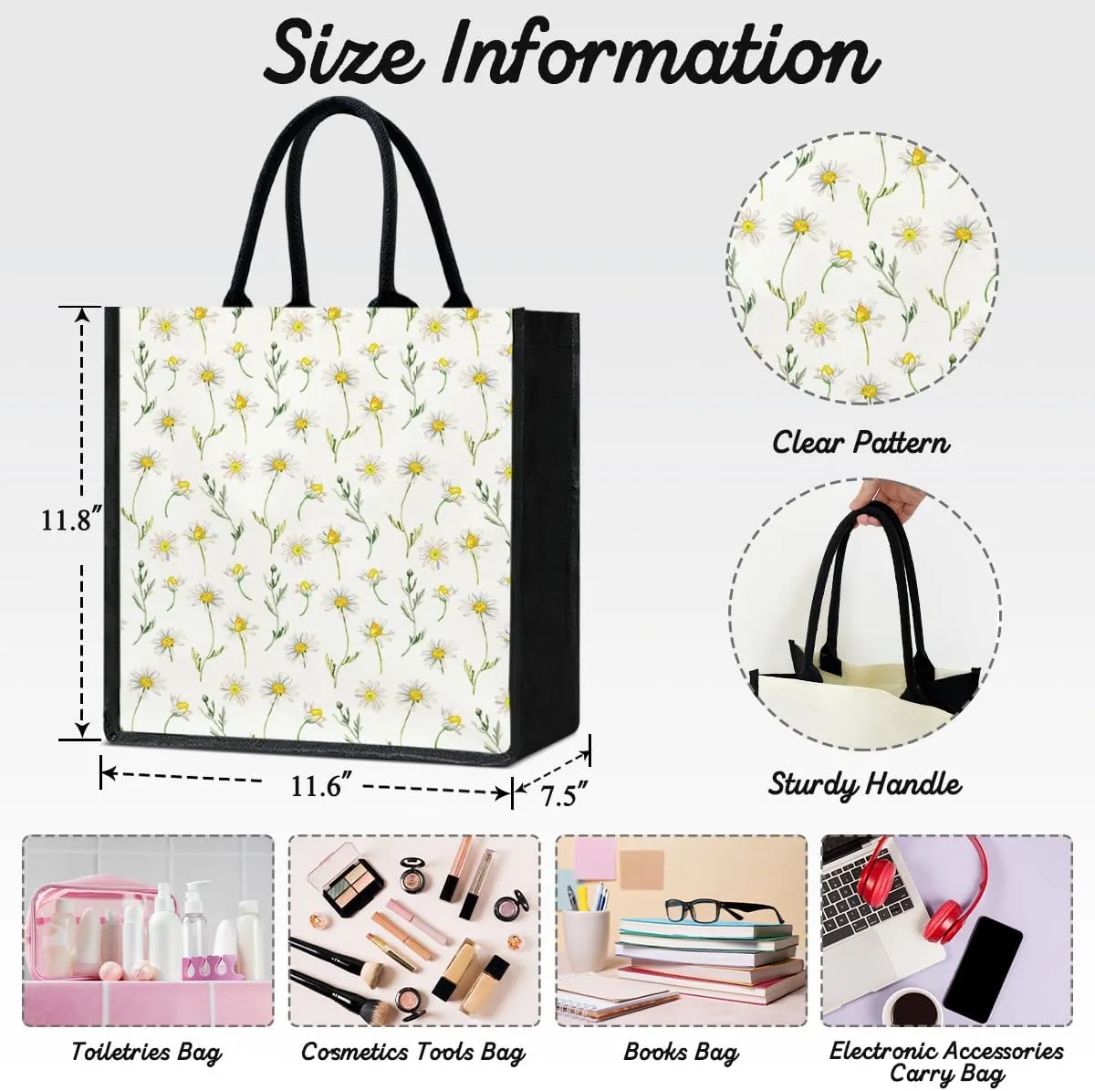 Yuansail Floral Daisy Aesthetics Tote Bag, Canvas Tote Bag for Women, Gifts for Women Reusable Grocery Handbag Beach Bag