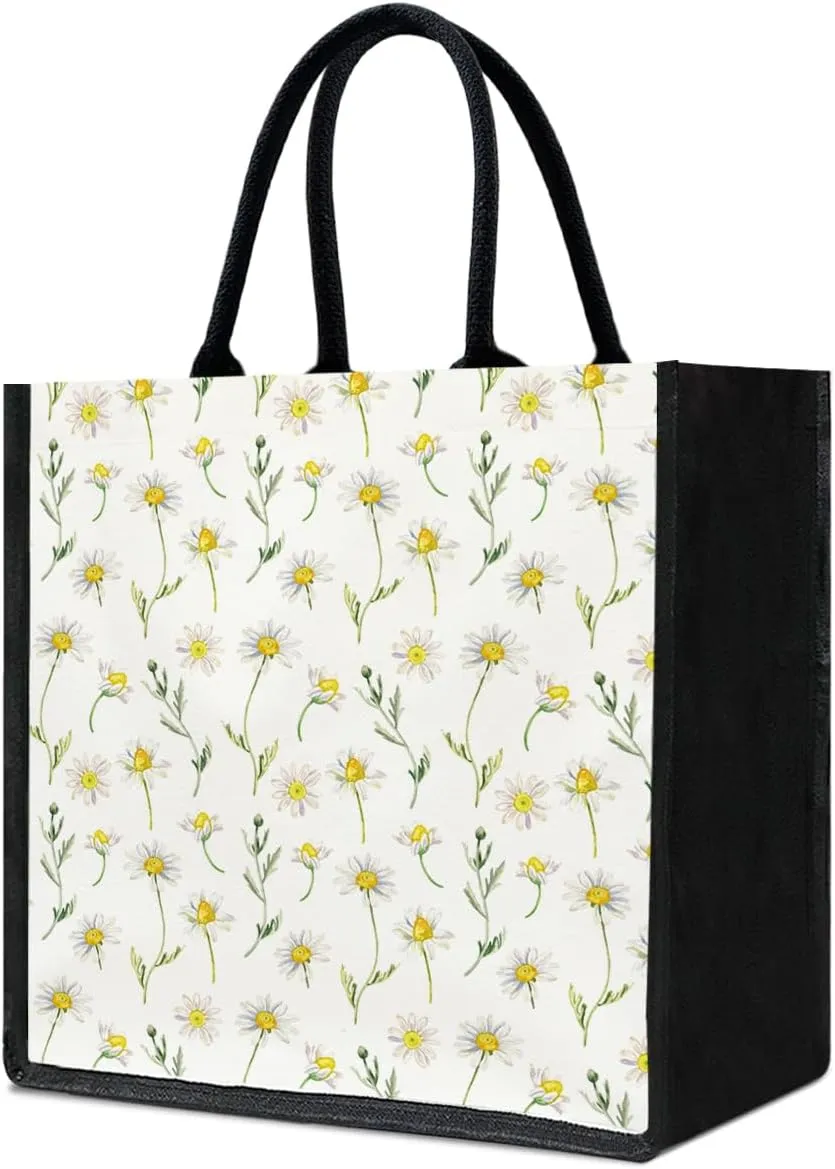 Yuansail Floral Daisy Aesthetics Tote Bag, Canvas Tote Bag for Women, Gifts for Women Reusable Grocery Handbag Beach Bag
