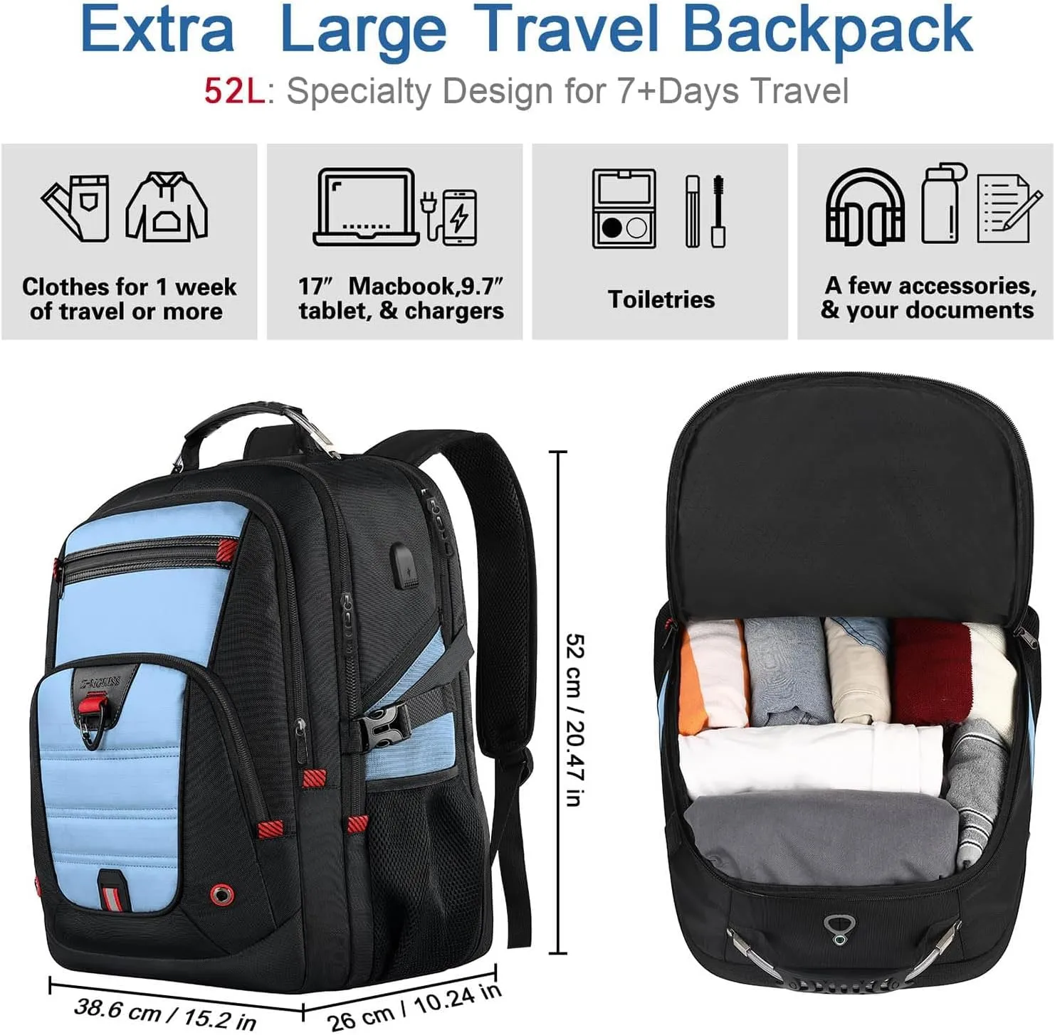 Z-MGKISS Big Backpack for Travel, 52L Large Anti-Theft Computer Backpack for Women Men, Heavy Duty Laptop Bag 17.3 Inch with USB Port, College Business Work Daypack, Lake Blue