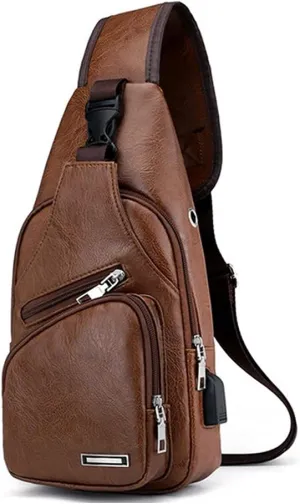 ZiMing Men Sling Bag Sling Backpack Business Leather Shoulder Bag Satchel Campus Travel Crossbody Bag with USB Charging Port