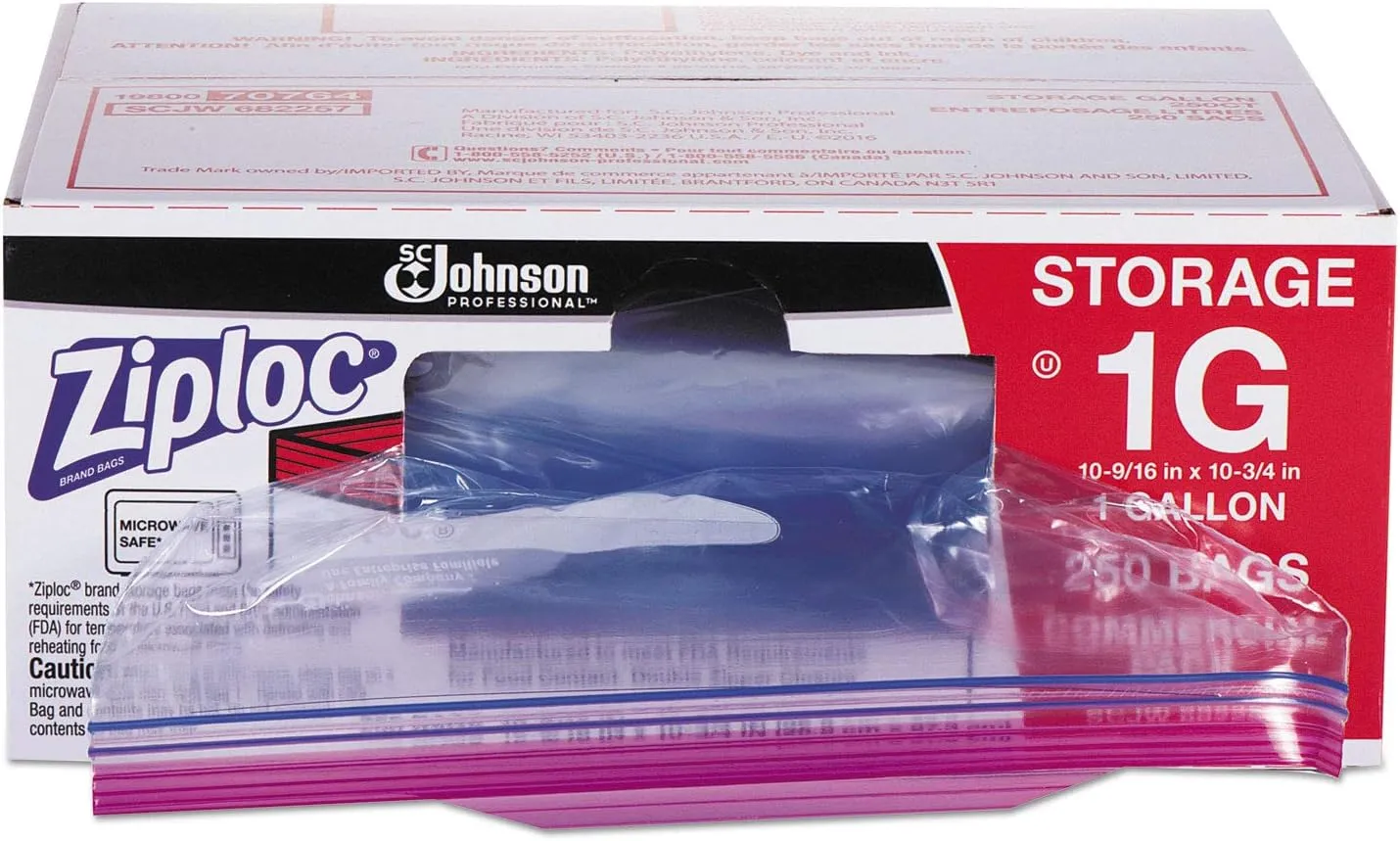 Ziploc 682257 Double Zipper Bags, Plastic, 1gal, 1.75mil, Clear w/Write-On Panel, 250/Box