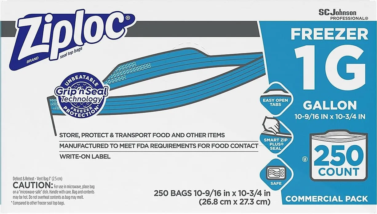 Ziploc 94604 Double-Zipper Freezer Bags, 1gal, 2.7mil, Clear w/Label Panel (Case of 250)